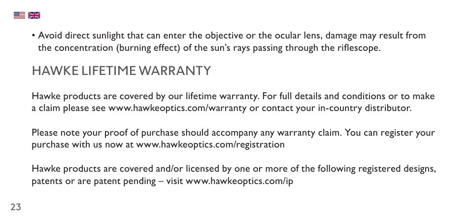 Hawke lifetime warranty | Hawke Sport Optics 4.5-14x44 Sidewinder 30 SF Riflescope (10x Half Mil Illuminated Reticle) User Manual | Page 23 / 124