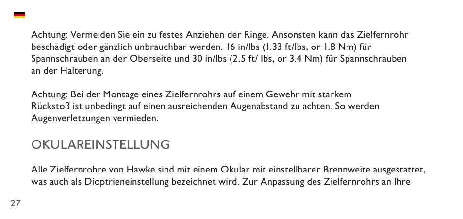 Okulareinstellung | Hawke Sport Optics 4.5-14x44 Sidewinder 30 SF Riflescope (10x Half Mil Illuminated Reticle) User Manual | Page 27 / 124