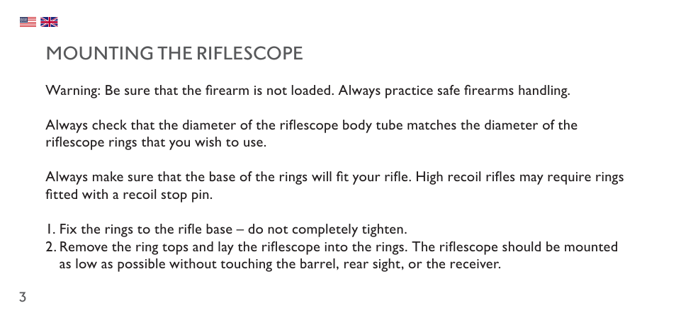 Mounting the riflescope | Hawke Sport Optics 4.5-14x44 Sidewinder 30 SF Riflescope (10x Half Mil Illuminated Reticle) User Manual | Page 3 / 124