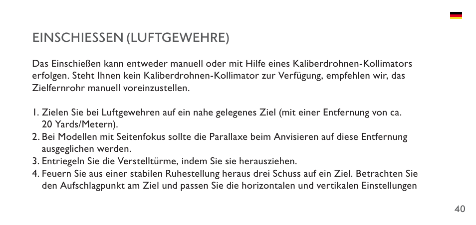 Einschiessen (luftgewehre) | Hawke Sport Optics 4.5-14x44 Sidewinder 30 SF Riflescope (10x Half Mil Illuminated Reticle) User Manual | Page 40 / 124