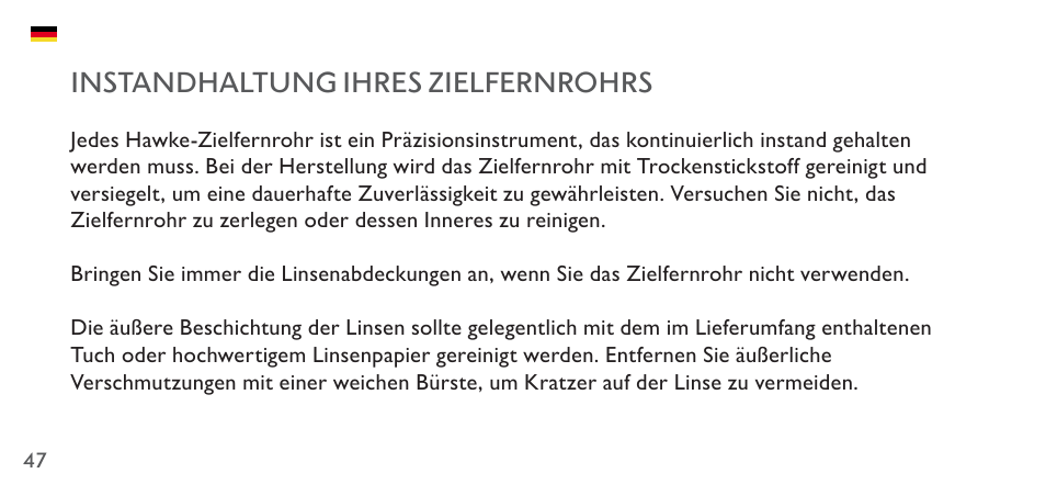 Instandhaltung ihres zielfernrohrs | Hawke Sport Optics 4.5-14x44 Sidewinder 30 SF Riflescope (10x Half Mil Illuminated Reticle) User Manual | Page 47 / 124