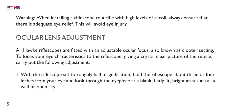 Ocular lens adjustment | Hawke Sport Optics 4.5-14x44 Sidewinder 30 SF Riflescope (10x Half Mil Illuminated Reticle) User Manual | Page 5 / 124