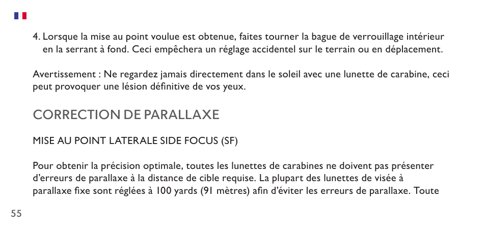 Correction de parallaxe | Hawke Sport Optics 4.5-14x44 Sidewinder 30 SF Riflescope (10x Half Mil Illuminated Reticle) User Manual | Page 55 / 124