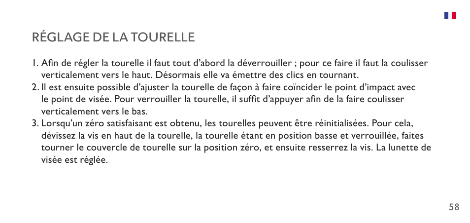 Réglage de la tourelle | Hawke Sport Optics 4.5-14x44 Sidewinder 30 SF Riflescope (10x Half Mil Illuminated Reticle) User Manual | Page 58 / 124