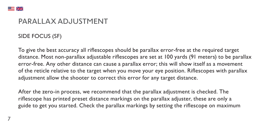 Parallax adjustment | Hawke Sport Optics 4.5-14x44 Sidewinder 30 SF Riflescope (10x Half Mil Illuminated Reticle) User Manual | Page 7 / 124