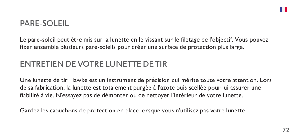 Pare-soleil, Entretien de votre lunette de tir | Hawke Sport Optics 4.5-14x44 Sidewinder 30 SF Riflescope (10x Half Mil Illuminated Reticle) User Manual | Page 72 / 124