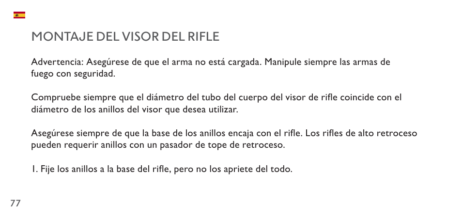 Montaje del visor del rifle | Hawke Sport Optics 4.5-14x44 Sidewinder 30 SF Riflescope (10x Half Mil Illuminated Reticle) User Manual | Page 77 / 124