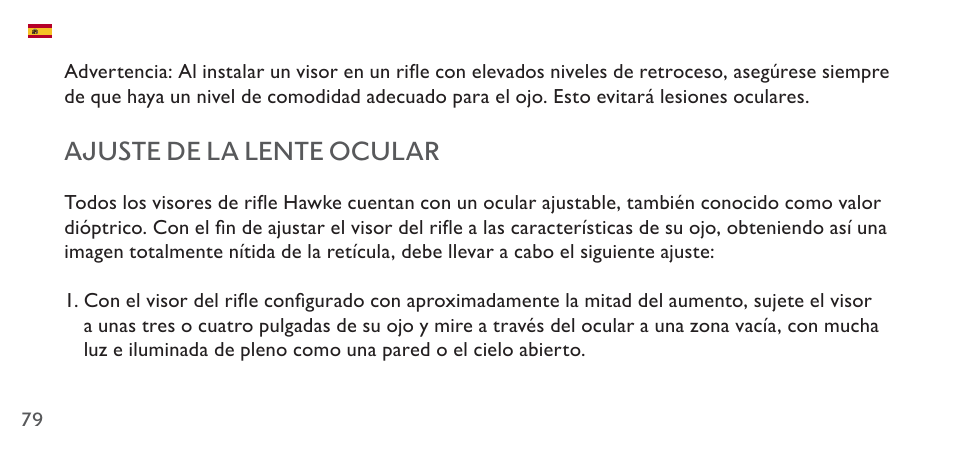 Ajuste de la lente ocular | Hawke Sport Optics 4.5-14x44 Sidewinder 30 SF Riflescope (10x Half Mil Illuminated Reticle) User Manual | Page 79 / 124