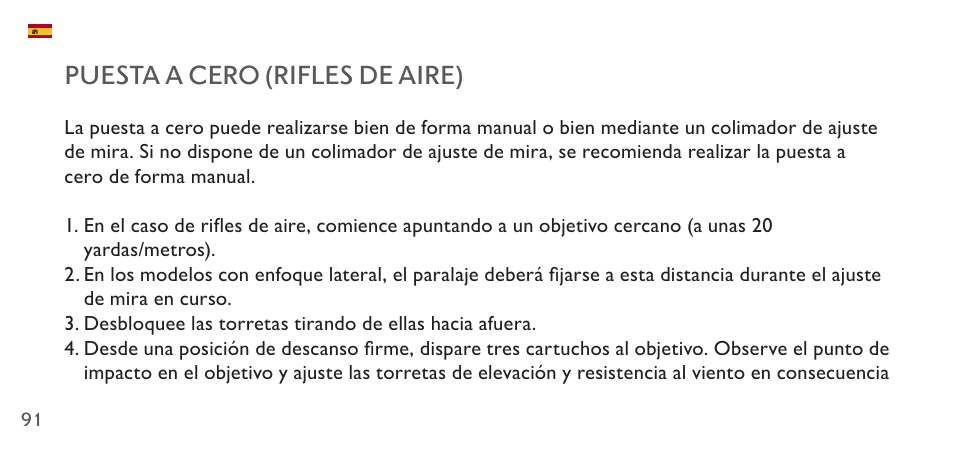 Puesta a cero (rifles de aire) | Hawke Sport Optics 4.5-14x44 Sidewinder 30 SF Riflescope (10x Half Mil Illuminated Reticle) User Manual | Page 91 / 124