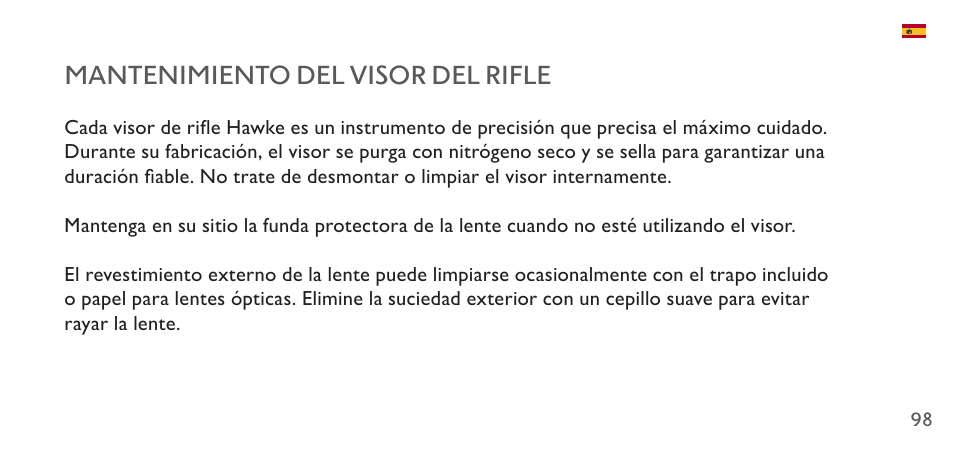 Mantenimiento del visor del rifle | Hawke Sport Optics 4.5-14x44 Sidewinder 30 SF Riflescope (10x Half Mil Illuminated Reticle) User Manual | Page 98 / 124