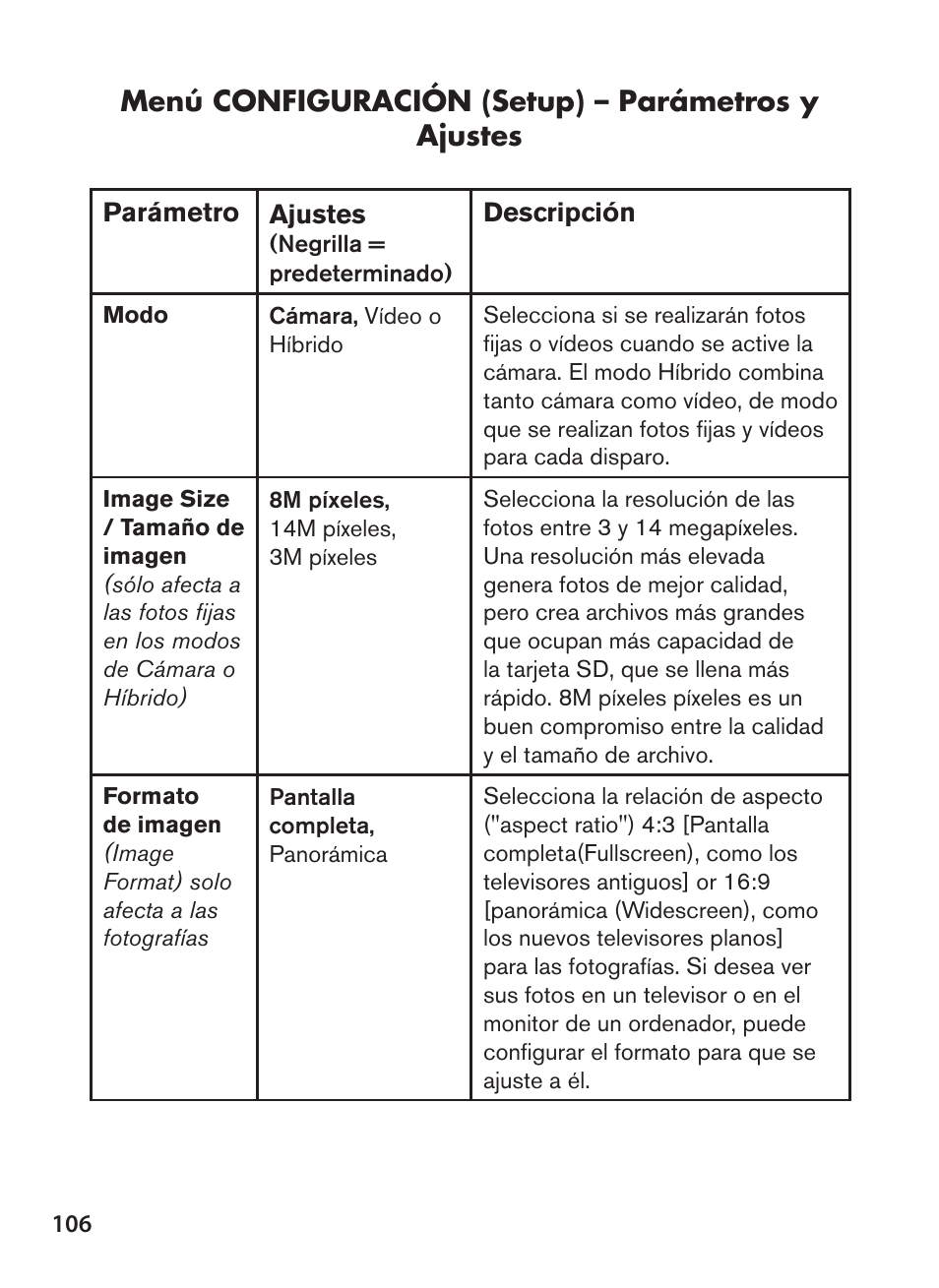 Menú configuración (setup) – parámetros y ajustes | Bushnell NatureView HD Essential Trail Camera (Green) User Manual | Page 106 / 232