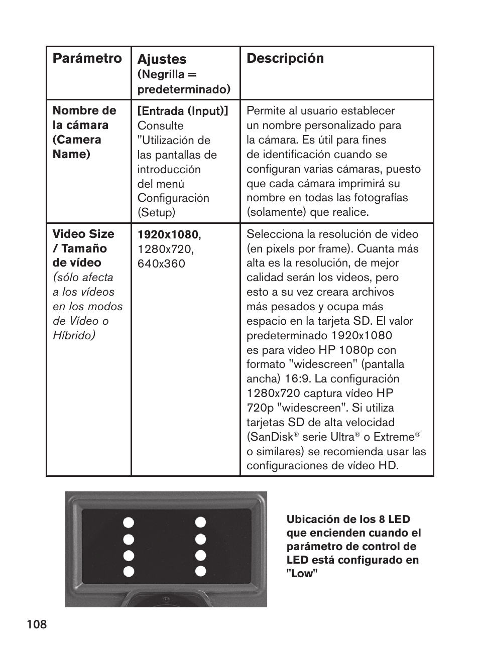 Parámetro ajustes, Descripción | Bushnell NatureView HD Essential Trail Camera (Green) User Manual | Page 108 / 232