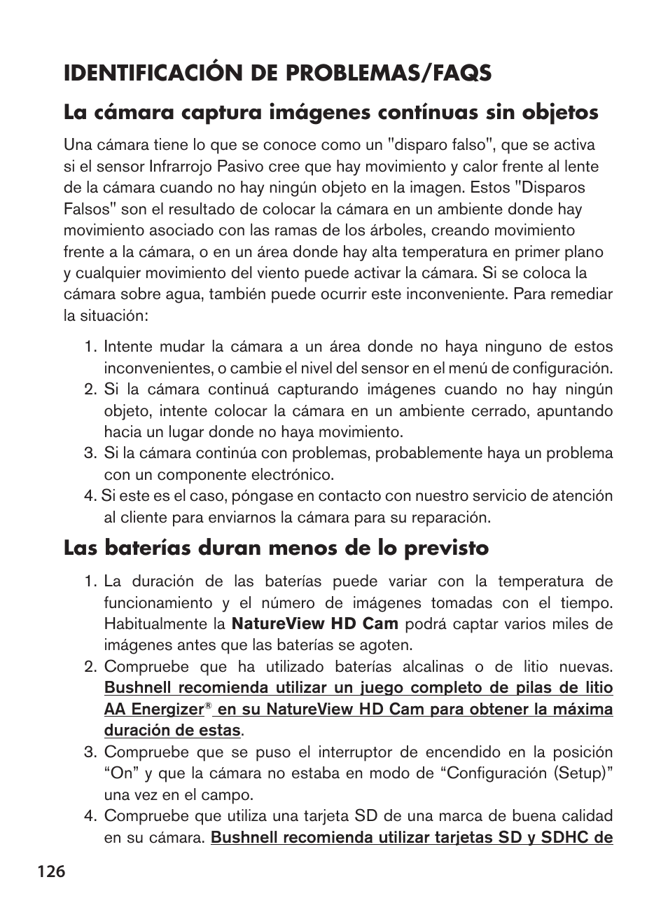 Identificación de problemas/faqs, La cámara captura imágenes contínuas sin objetos, Las baterías duran menos de lo previsto | Bushnell NatureView HD Essential Trail Camera (Green) User Manual | Page 126 / 232