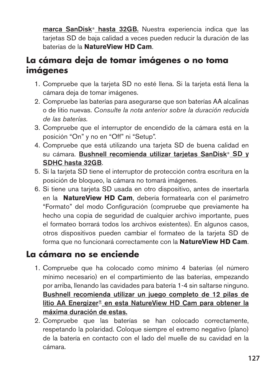 La cámara no se enciende | Bushnell NatureView HD Essential Trail Camera (Green) User Manual | Page 127 / 232