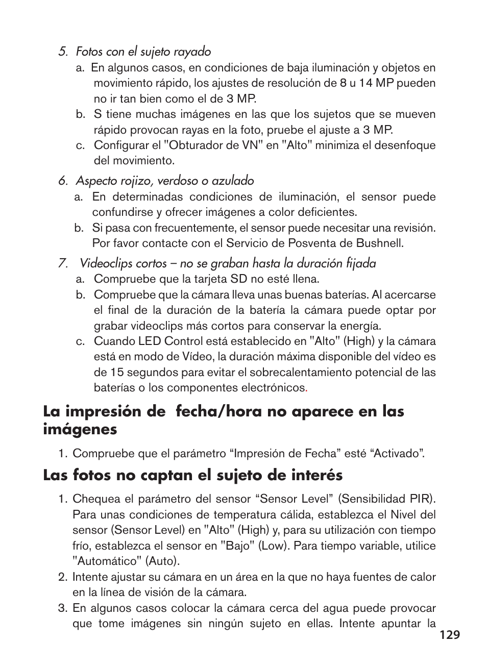 Las fotos no captan el sujeto de interés | Bushnell NatureView HD Essential Trail Camera (Green) User Manual | Page 129 / 232