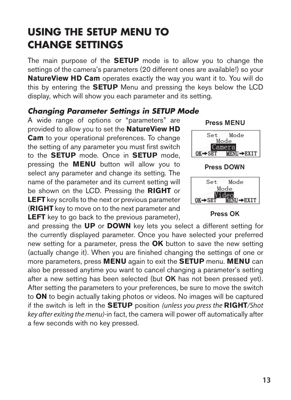 Using the setup menu to change settings | Bushnell NatureView HD Essential Trail Camera (Green) User Manual | Page 13 / 232