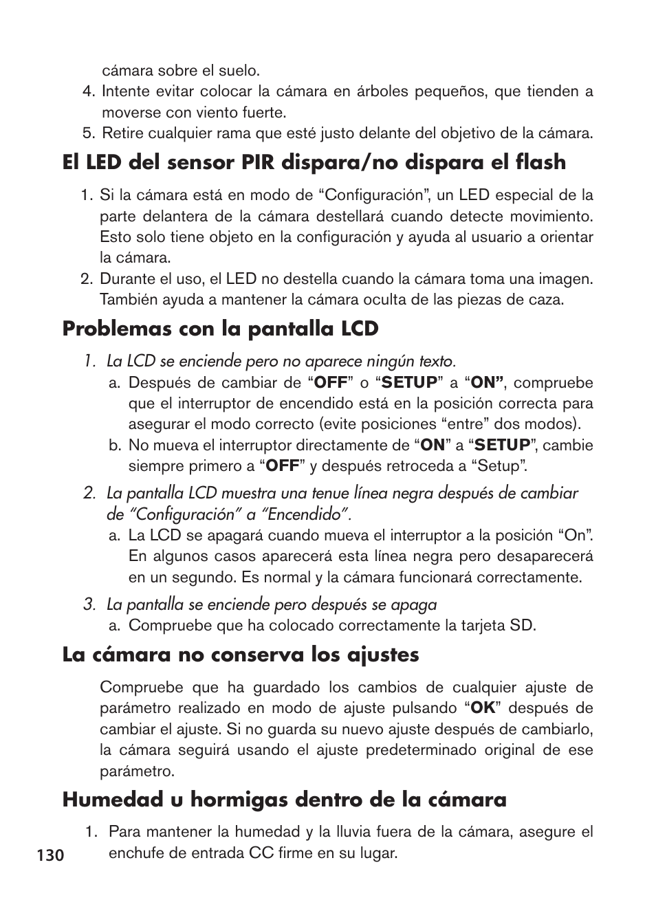 El led del sensor pir dispara/no dispara el flash, Problemas con la pantalla lcd, La cámara no conserva los ajustes | Humedad u hormigas dentro de la cámara | Bushnell NatureView HD Essential Trail Camera (Green) User Manual | Page 130 / 232