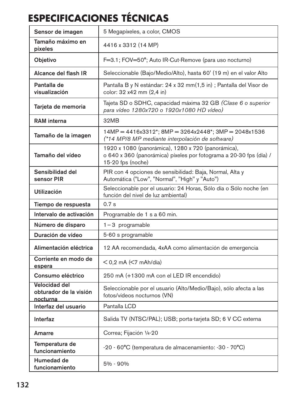 Especificaciones técnicas | Bushnell NatureView HD Essential Trail Camera (Green) User Manual | Page 132 / 232