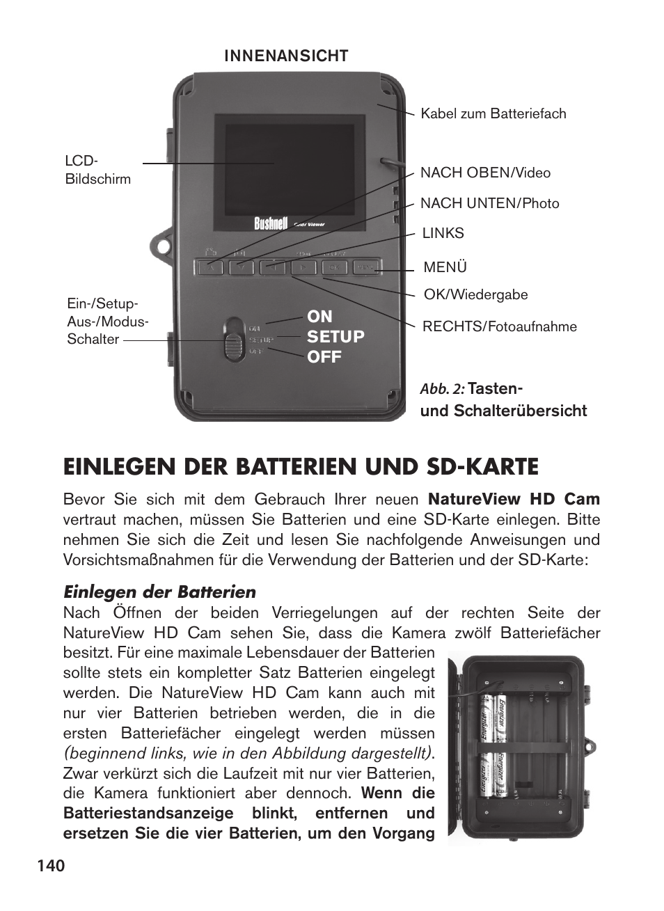 Einlegen der batterien und sd-karte | Bushnell NatureView HD Essential Trail Camera (Green) User Manual | Page 140 / 232
