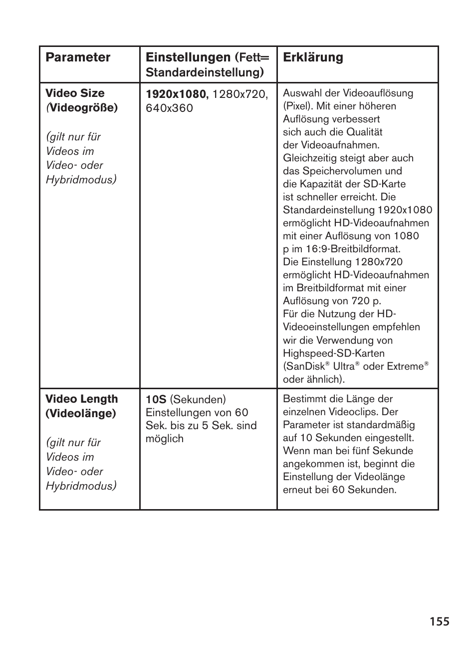 155 parameter einstellungen, Erklärung | Bushnell NatureView HD Essential Trail Camera (Green) User Manual | Page 155 / 232