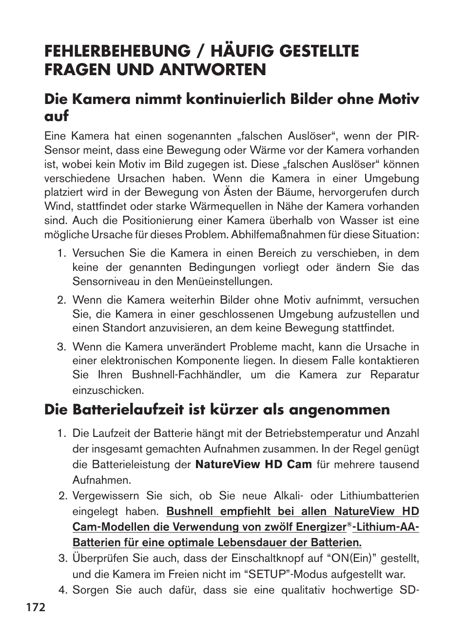 Die batterielaufzeit ist kürzer als angenommen | Bushnell NatureView HD Essential Trail Camera (Green) User Manual | Page 172 / 232
