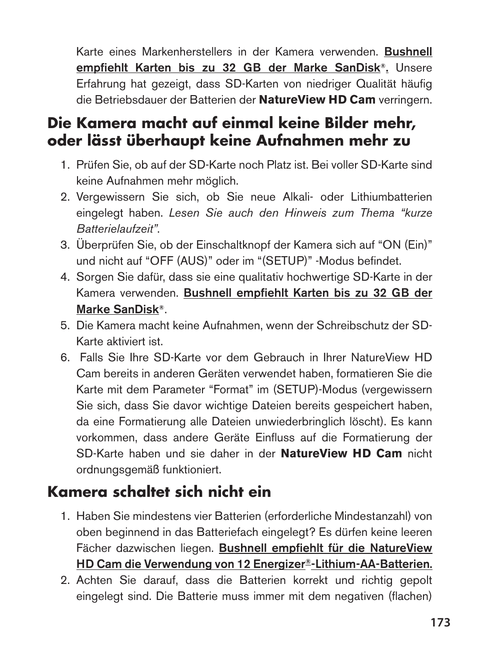 Kamera schaltet sich nicht ein | Bushnell NatureView HD Essential Trail Camera (Green) User Manual | Page 173 / 232