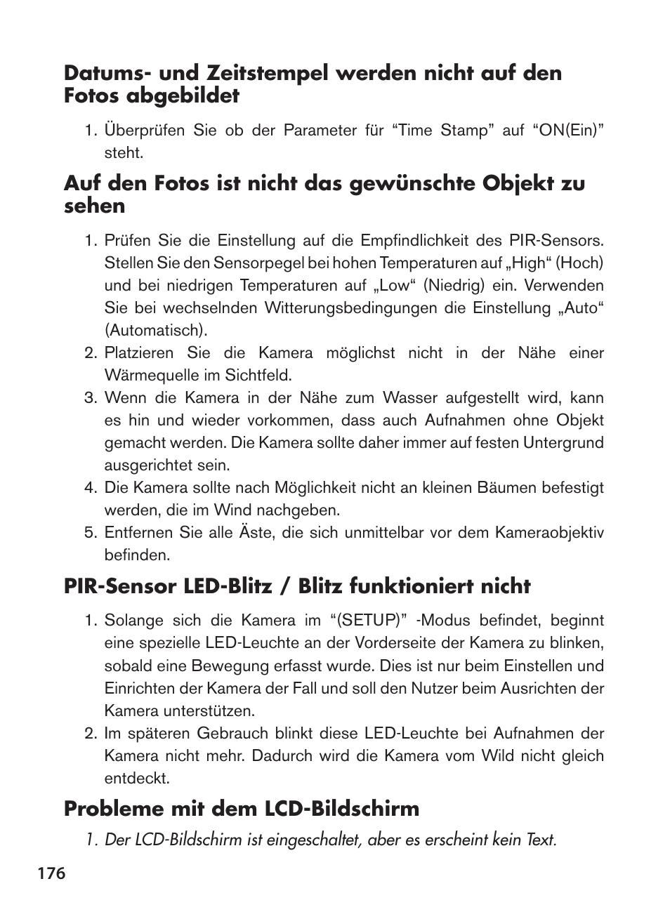 Pir-sensor led-blitz / blitz funktioniert nicht, Probleme mit dem lcd-bildschirm | Bushnell NatureView HD Essential Trail Camera (Green) User Manual | Page 176 / 232