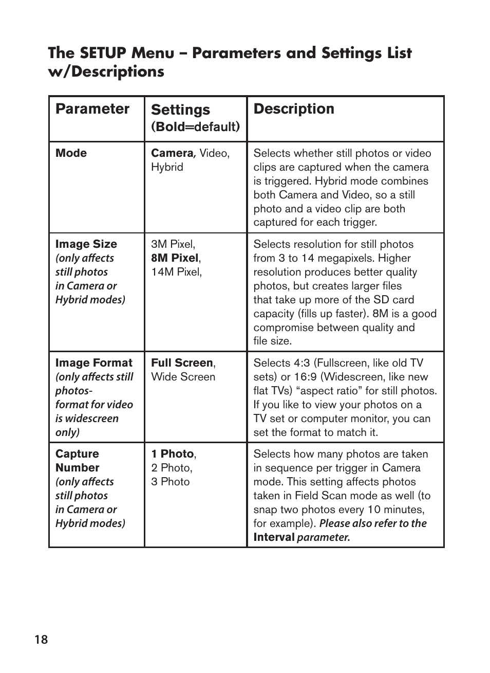 Parameter settings, Description | Bushnell NatureView HD Essential Trail Camera (Green) User Manual | Page 18 / 232