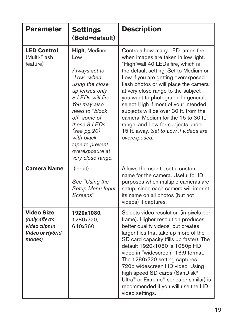 Parameter settings, Description | Bushnell NatureView HD Essential Trail Camera (Green) User Manual | Page 19 / 232