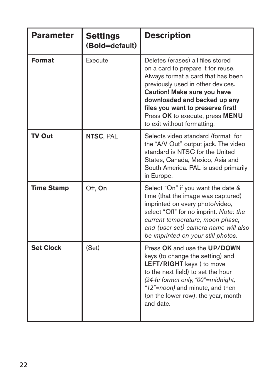 Parameter settings, Description | Bushnell NatureView HD Essential Trail Camera (Green) User Manual | Page 22 / 232