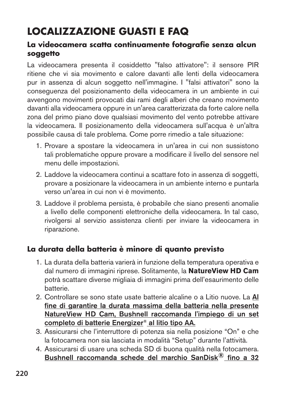 Localizzazione guasti e faq | Bushnell NatureView HD Essential Trail Camera (Green) User Manual | Page 220 / 232