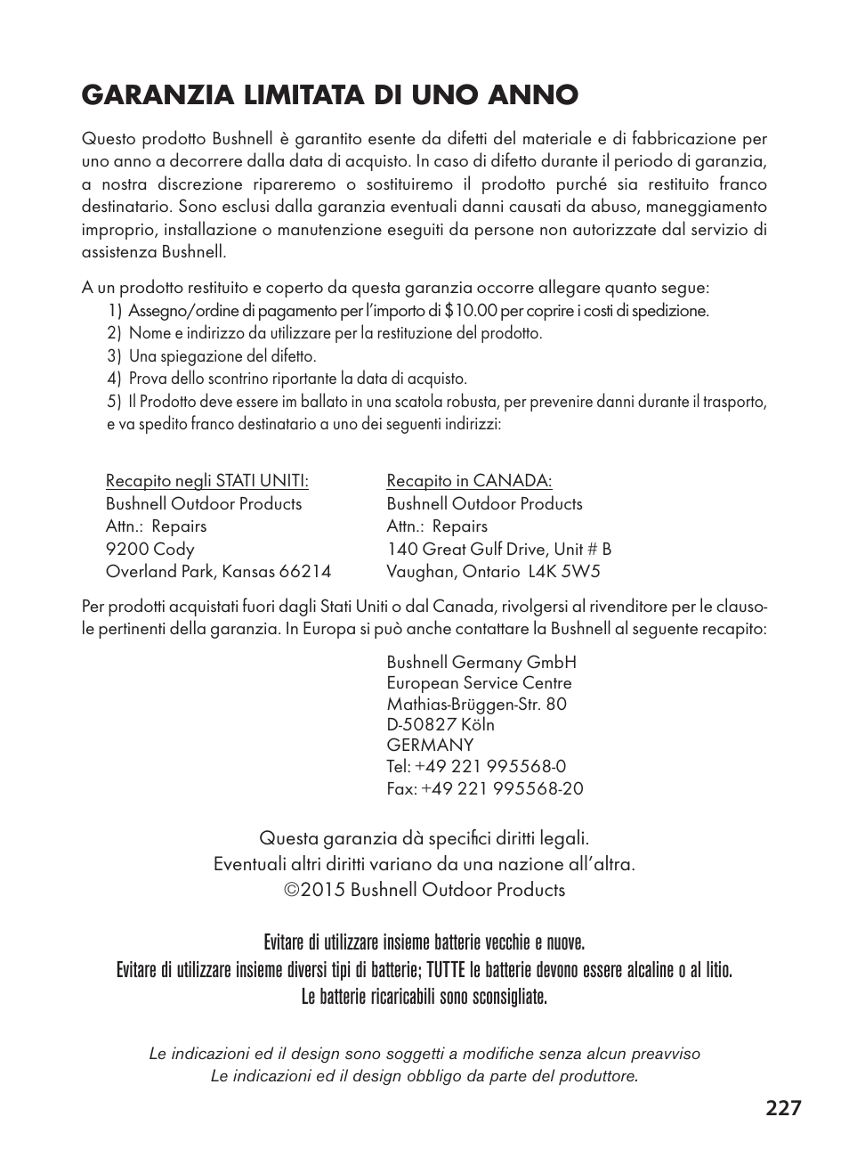 Garanzia limitata di uno anno | Bushnell NatureView HD Essential Trail Camera (Green) User Manual | Page 227 / 232
