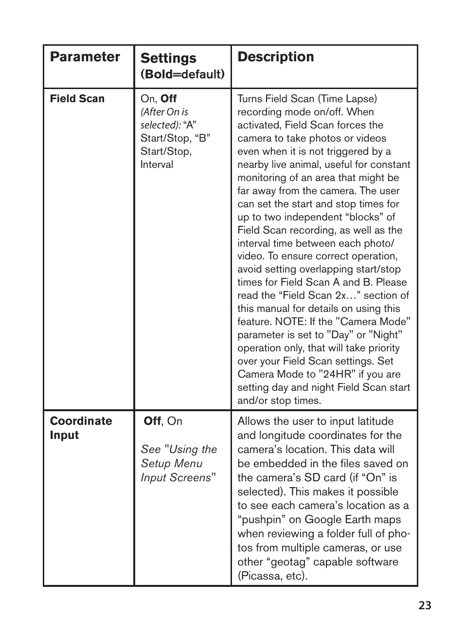 Parameter settings, Description | Bushnell NatureView HD Essential Trail Camera (Green) User Manual | Page 23 / 232