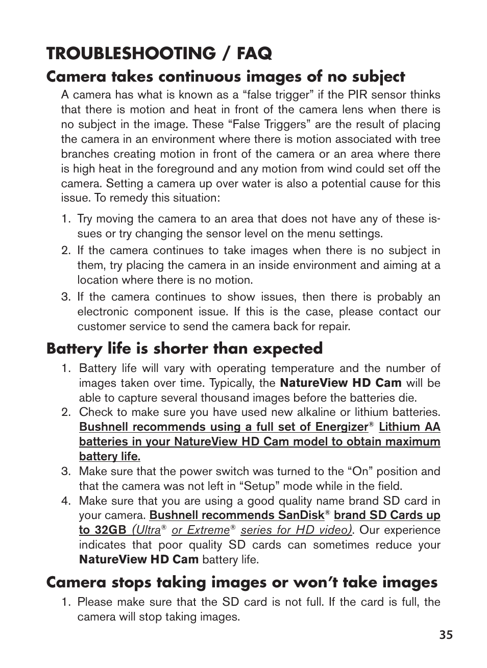 Troubleshooting / faq, Camera takes continuous images of no subject, Battery life is shorter than expected | Camera stops taking images or won’t take images | Bushnell NatureView HD Essential Trail Camera (Green) User Manual | Page 35 / 232