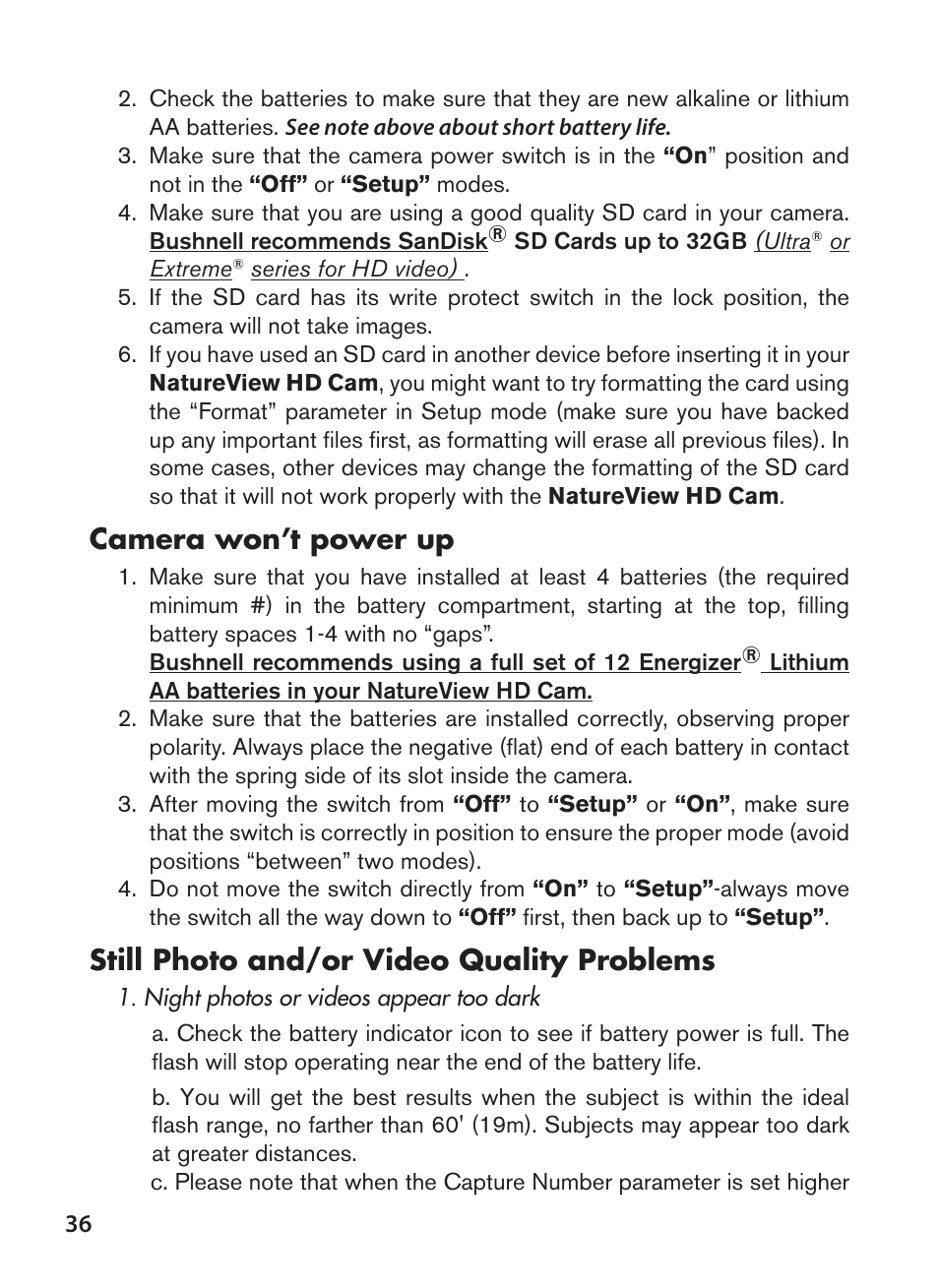 Camera won’t power up, Still photo and/or video quality problems | Bushnell NatureView HD Essential Trail Camera (Green) User Manual | Page 36 / 232