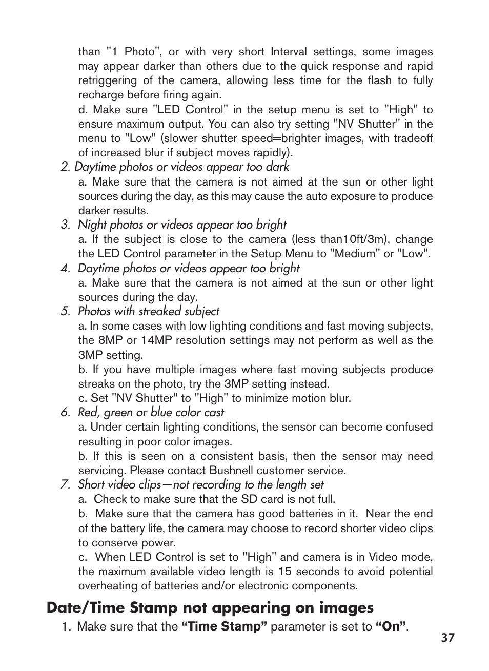 Date/time stamp not appearing on images | Bushnell NatureView HD Essential Trail Camera (Green) User Manual | Page 37 / 232