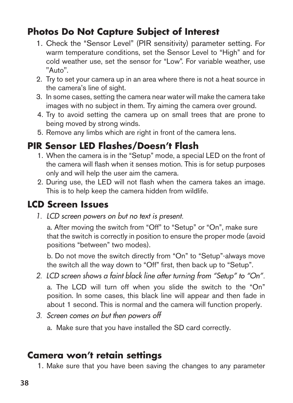 Photos do not capture subject of interest, Pir sensor led flashes/doesn’t flash, Lcd screen issues | Camera won’t retain settings | Bushnell NatureView HD Essential Trail Camera (Green) User Manual | Page 38 / 232