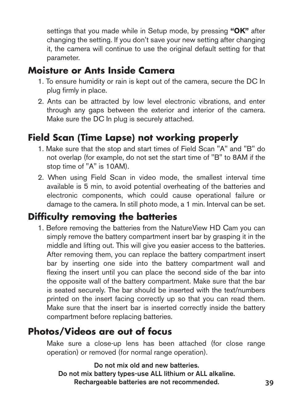 Moisture or ants inside camera, Field scan (time lapse) not working properly, Difficulty removing the batteries | Photos/videos are out of focus | Bushnell NatureView HD Essential Trail Camera (Green) User Manual | Page 39 / 232