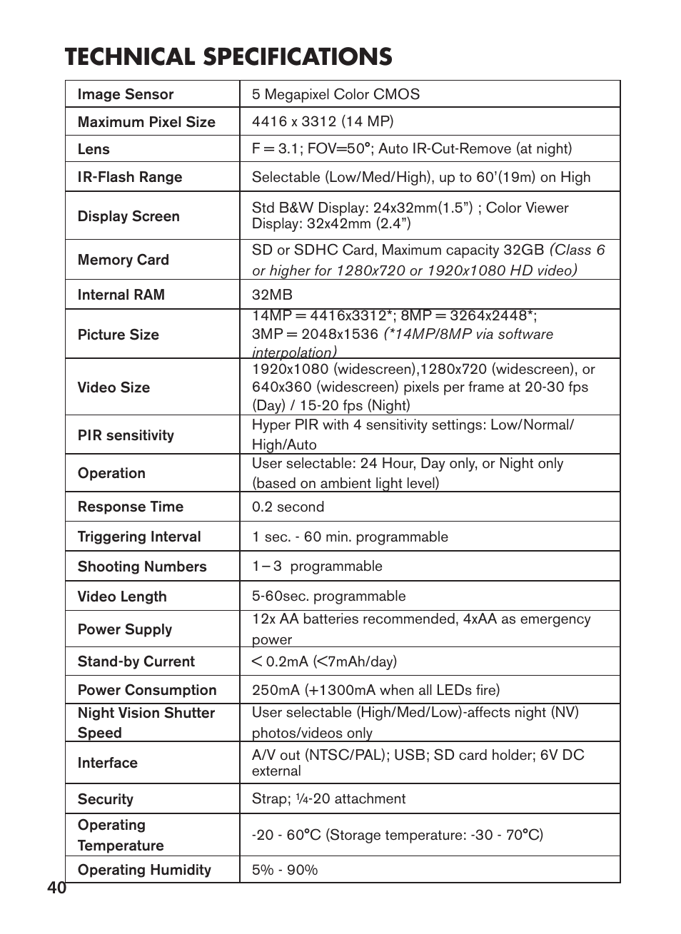 Technical specifications | Bushnell NatureView HD Essential Trail Camera (Green) User Manual | Page 40 / 232