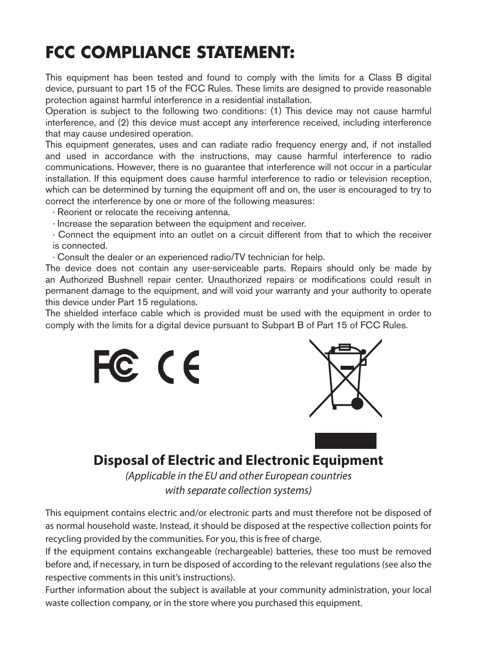 Fcc compliance statement, Disposal of electric and electronic equipment | Bushnell NatureView HD Essential Trail Camera (Green) User Manual | Page 42 / 232