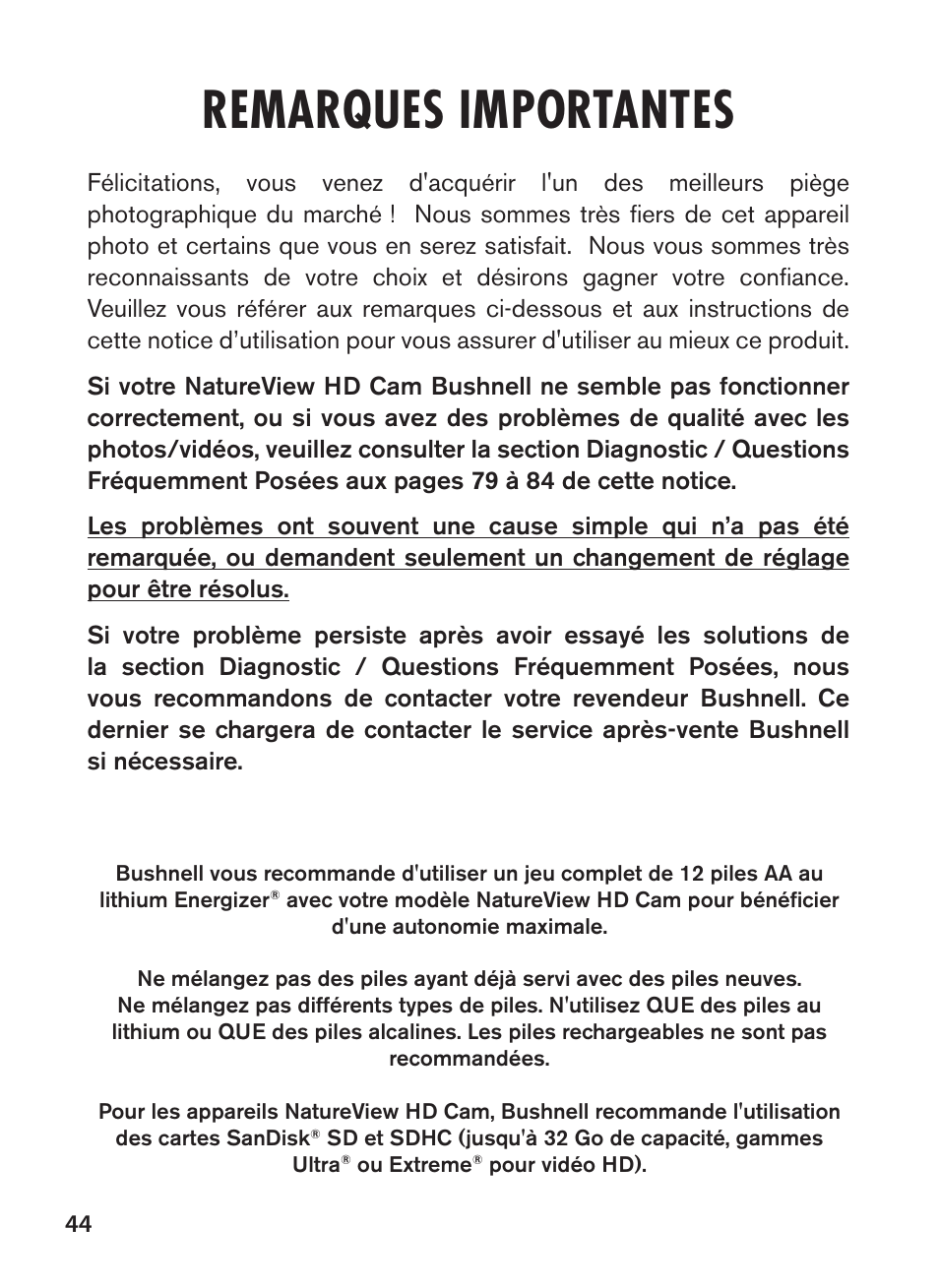 Remarques importantes | Bushnell NatureView HD Essential Trail Camera (Green) User Manual | Page 44 / 232