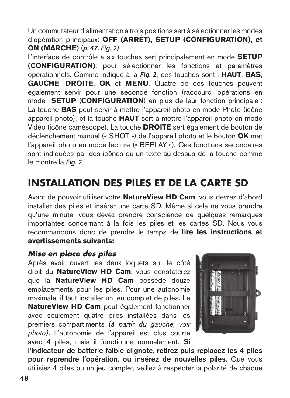 Installation des piles et de la carte sd | Bushnell NatureView HD Essential Trail Camera (Green) User Manual | Page 48 / 232