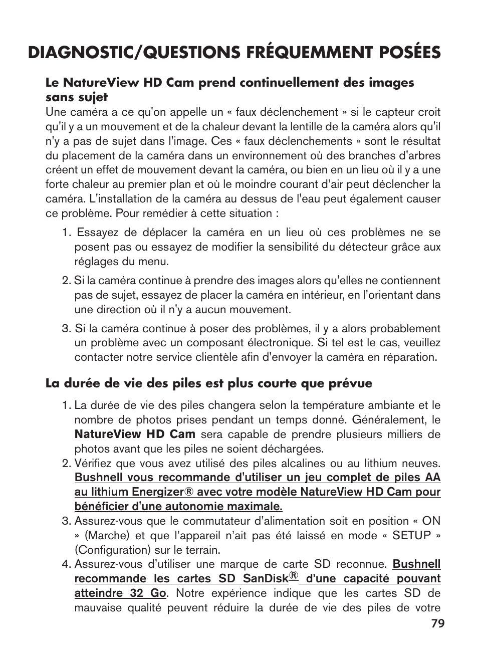 Diagnostic/questions fréquemment posées | Bushnell NatureView HD Essential Trail Camera (Green) User Manual | Page 79 / 232