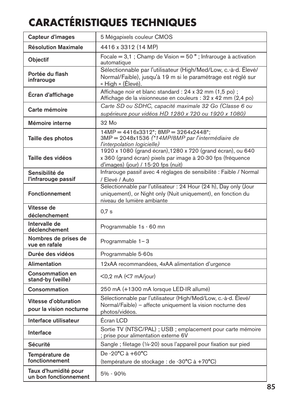 Caractéristiques techniques | Bushnell NatureView HD Essential Trail Camera (Green) User Manual | Page 85 / 232