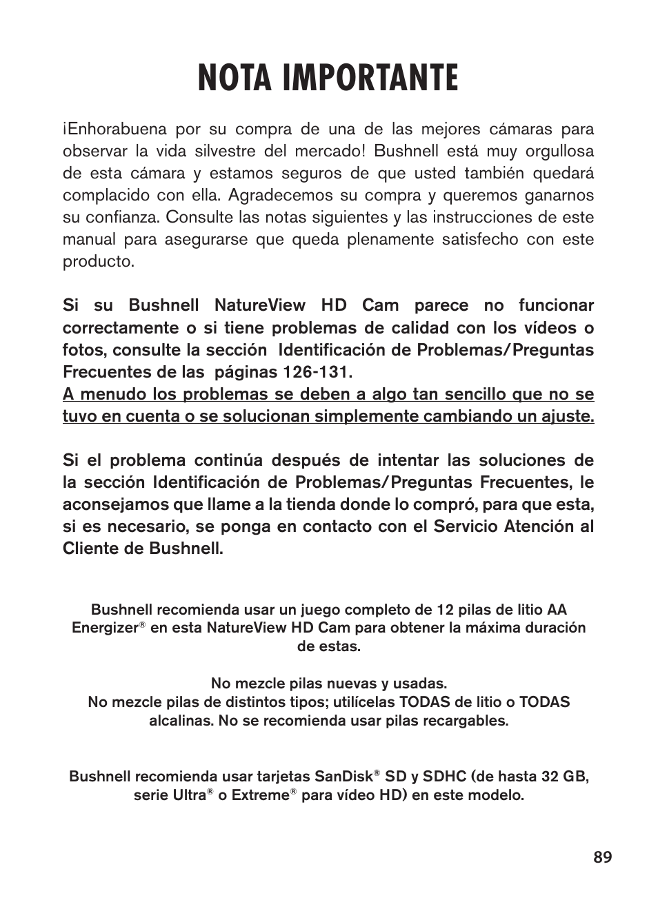 Nota importante | Bushnell NatureView HD Essential Trail Camera (Green) User Manual | Page 89 / 232
