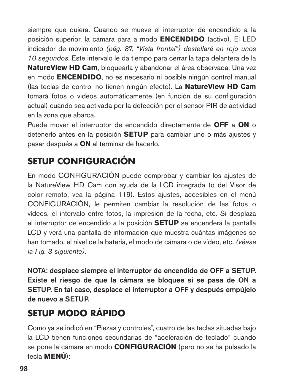 Setup configuración, Setup modo rápido | Bushnell NatureView HD Essential Trail Camera (Green) User Manual | Page 98 / 232