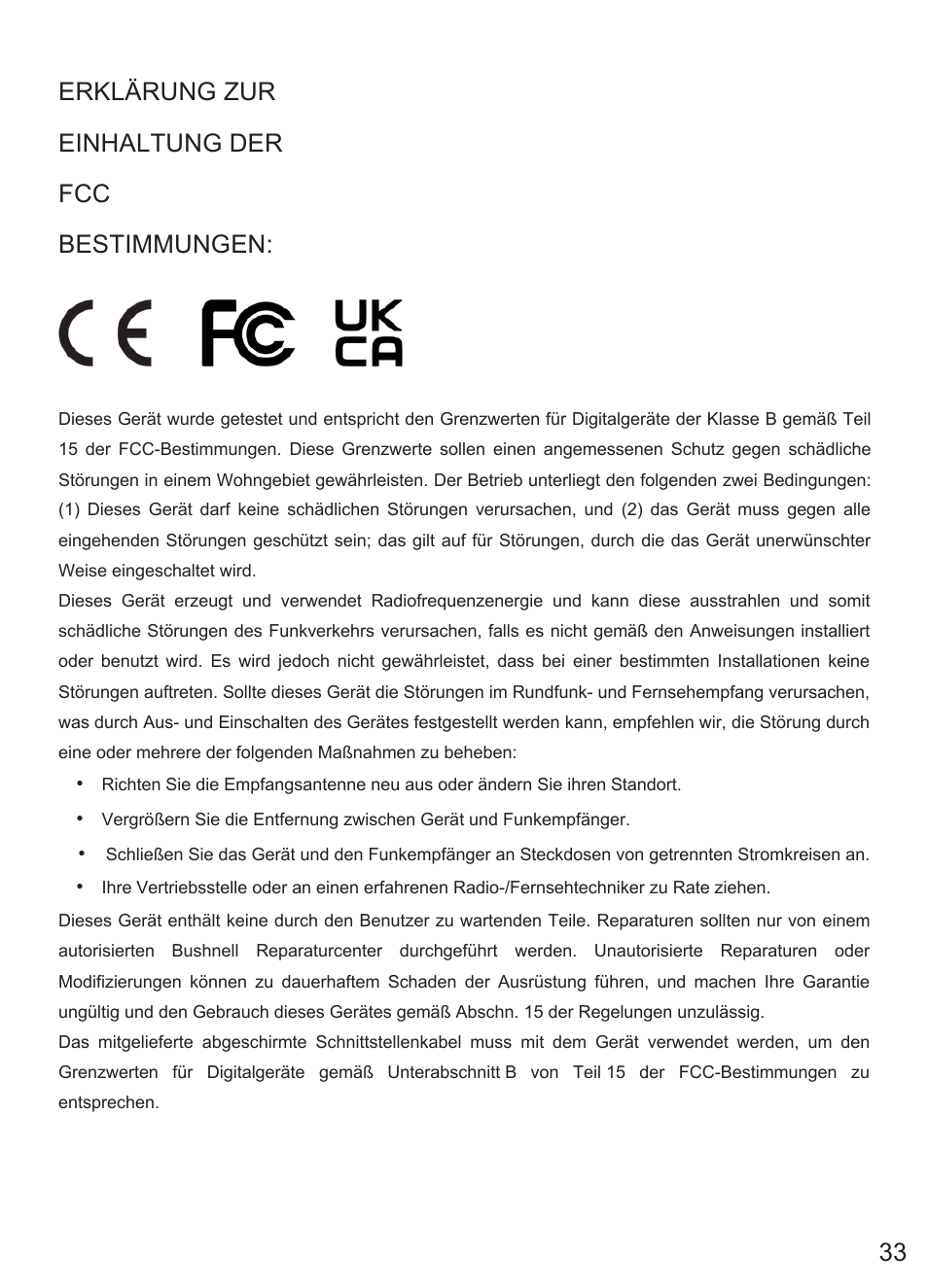 Erklärung zur einhaltung der fcc bestimmungen | Bushnell Prime Low-Glow Trail Camera Kit (Gray) User Manual | Page 177 / 179