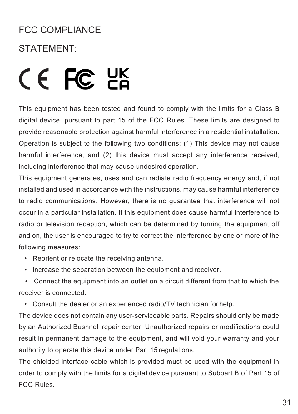 Fcc compliance statement | Bushnell Prime Low-Glow Trail Camera Kit (Gray) User Manual | Page 31 / 179