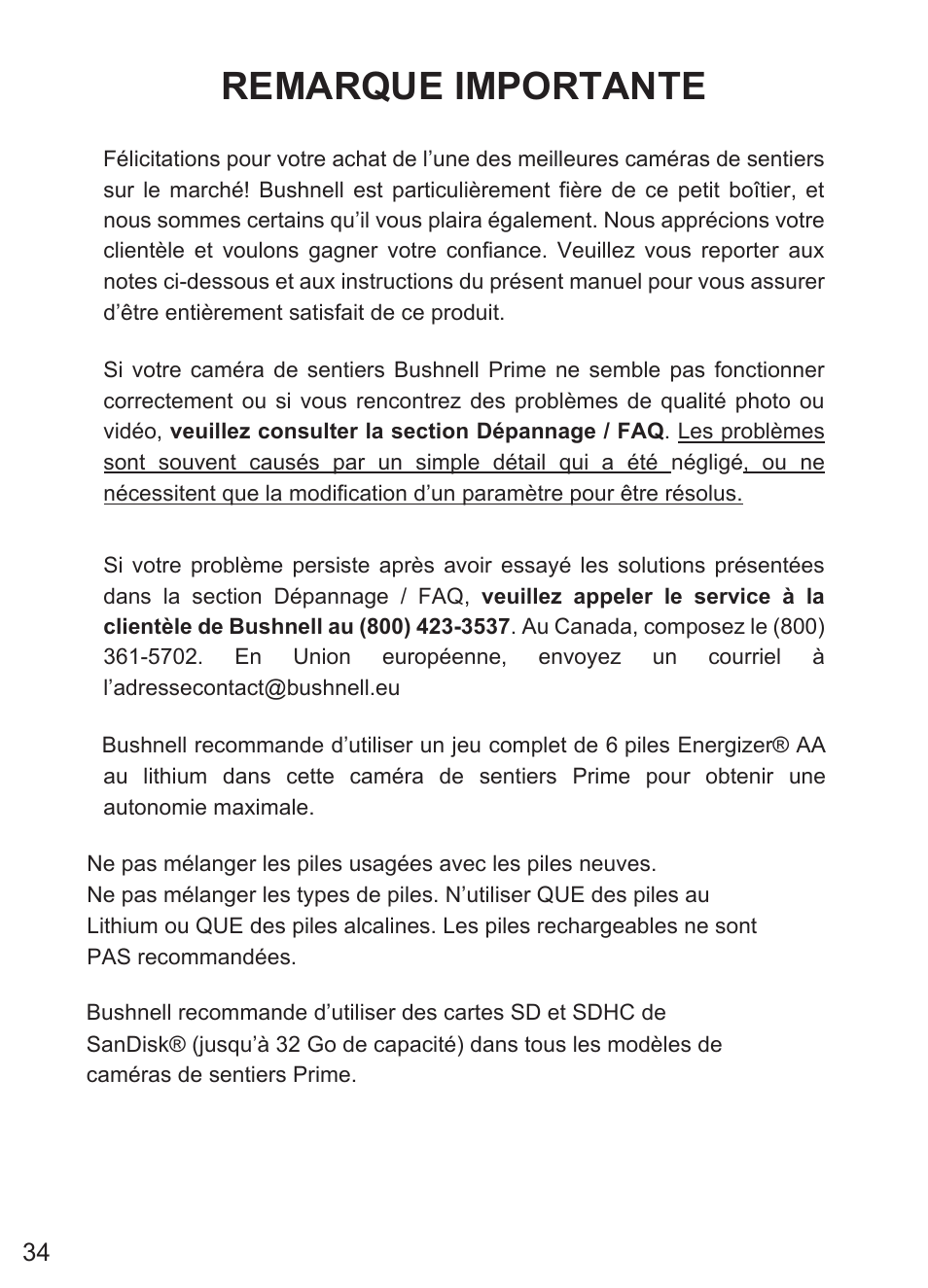 Remarque importante | Bushnell Prime Low-Glow Trail Camera Kit (Gray) User Manual | Page 34 / 179