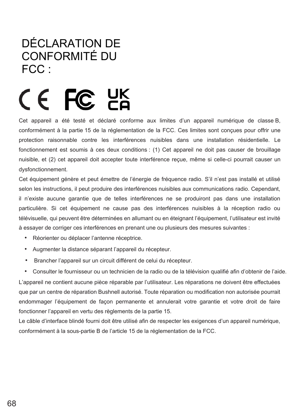 Déclaration de conformité du fcc | Bushnell Prime Low-Glow Trail Camera Kit (Gray) User Manual | Page 68 / 179